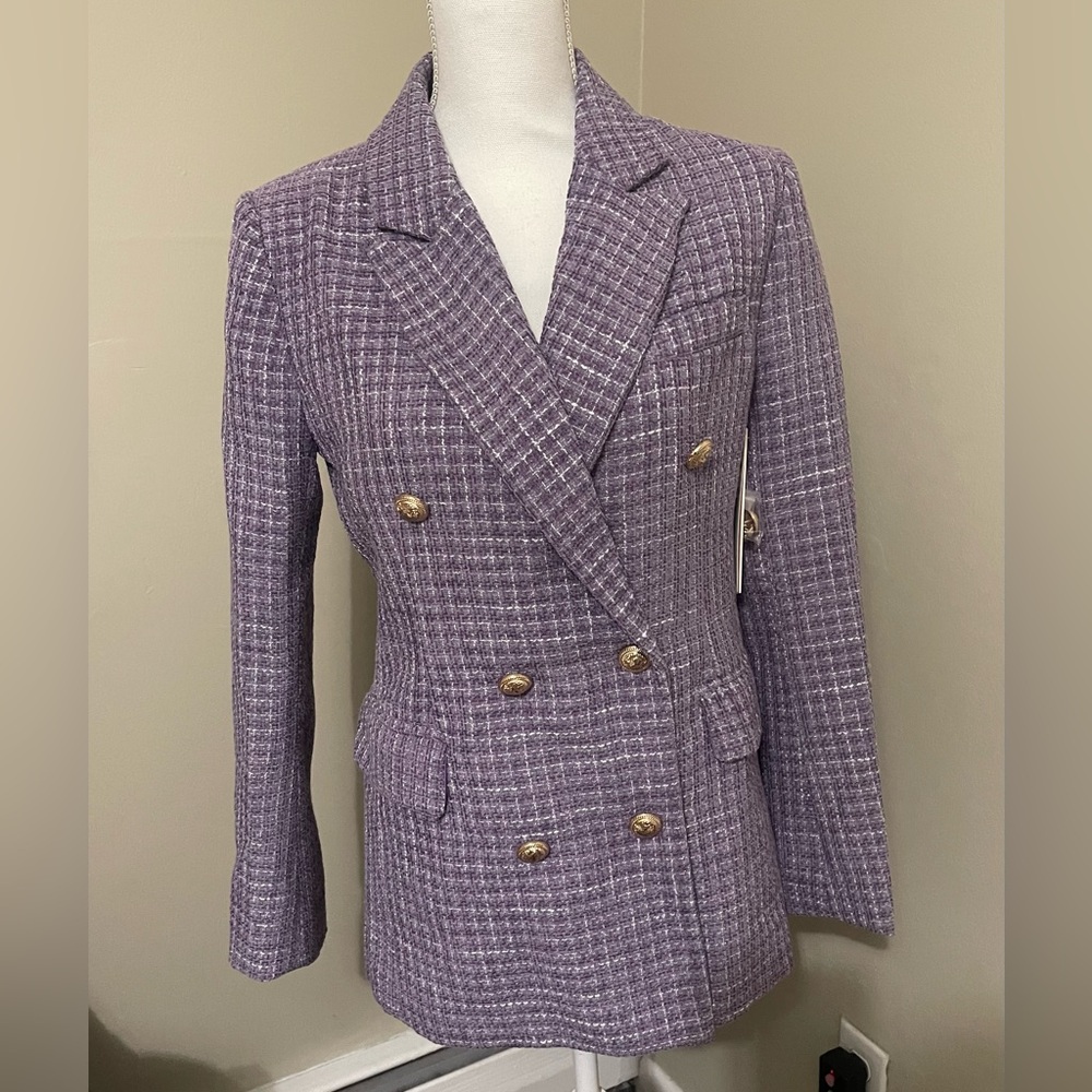 Bloomingdale’s Aqua Tweed Double Breasted Blazer